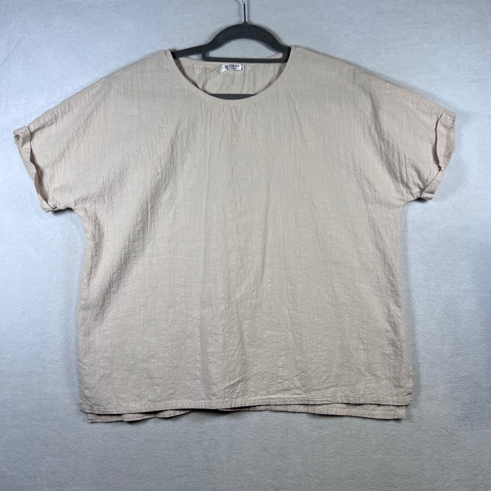 Chigant Womens XL Beige 100% Cotton Textured Short Sleeve Boxy Blouse Coastal